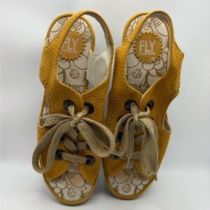 FLY London Ylva perforated leather lace-up wedge sandals size 40